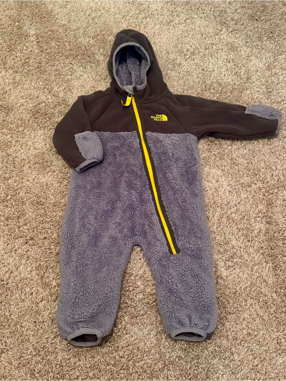 The North Face Gray and Dark Gray Sherpa One-Piece with Yellow Zipper